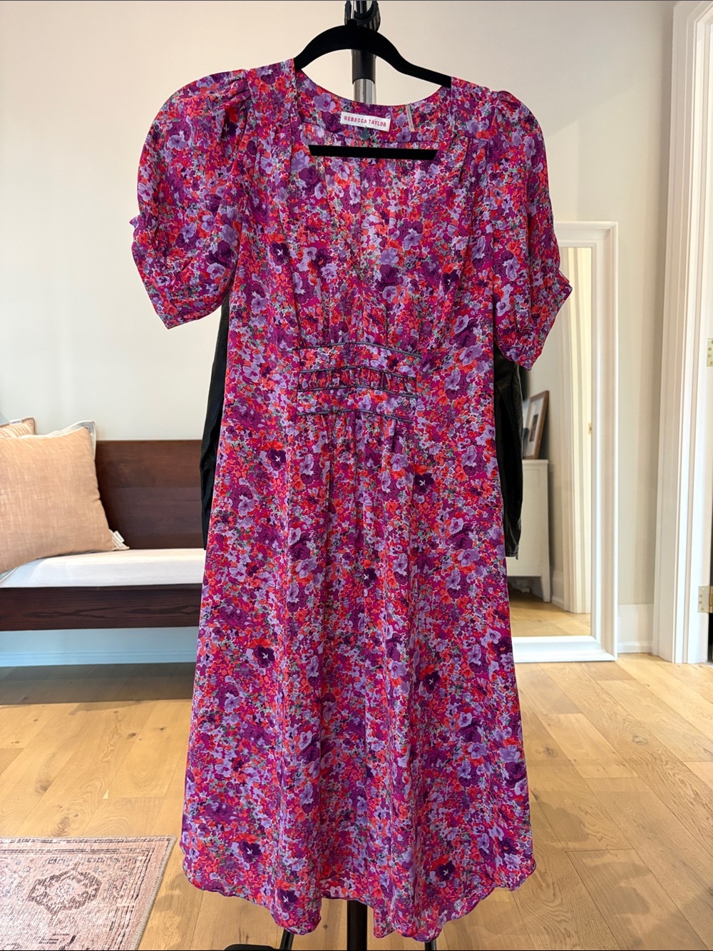 Rebecca Taylor Pink and Purple Floral Empire Midi Dress